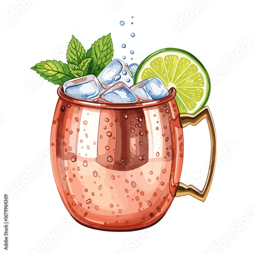 Watercolor Moscow Mule cocktail in a copper mug with lime and mint. Refreshing alcoholic beverage illustration isolated on a white background.