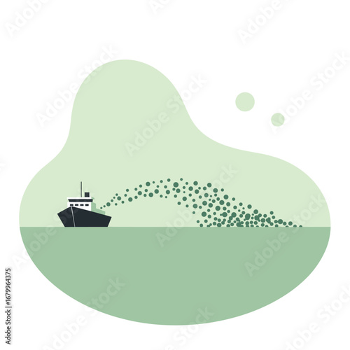 A minimalist vector illustration of a ship dumping waste into the ocean. A flat design graphic showing marine pollution and environmental contamination.