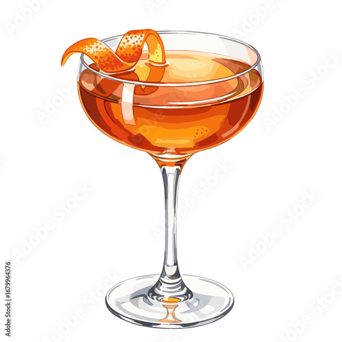 Classic orange cocktail in a coupe glass with a citrus peel twist garnish. Vector illustration of an alcoholic beverage isolated on a white background.