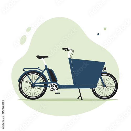 Modern flat vector illustration of a blue electric cargo bike. Eco-friendly urban transportation for delivery and family use.