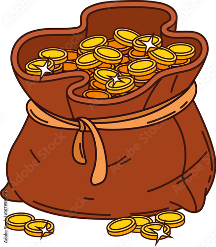 Cartoon groovy pirate treasure, burlap sack filled with gold coins and tied with a rope. Vector old bag open and overflowing with wealth. Corsair adventure game asset, icon of loot of filibuster money