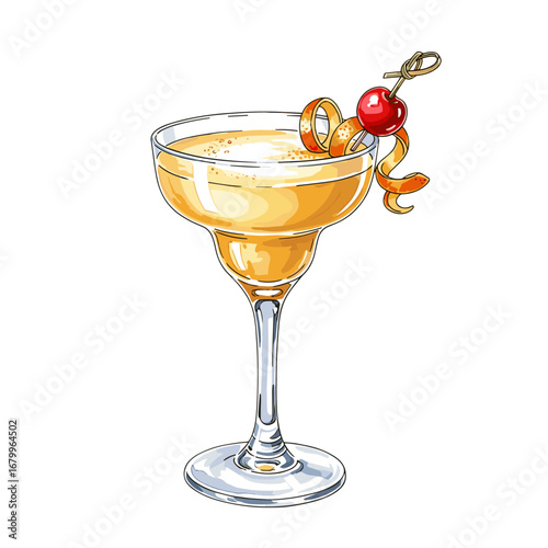 Hand-drawn illustration of a yellow cocktail in a margarita glass, garnished with an orange peel twist and a maraschino cherry, isolated on a white background.