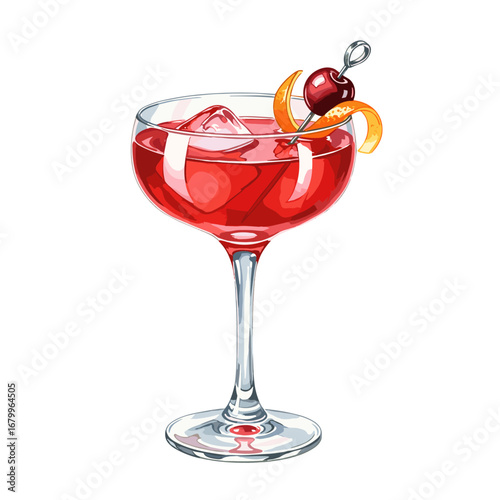 Classic red cocktail in a coupe glass with cherry and orange peel garnish. Watercolor style illustration of an alcoholic beverage isolated on a white background.