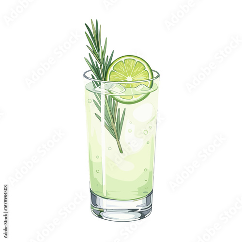 Refreshing lime and rosemary highball cocktail illustration. A sparkling gin and tonic or mojito style drink with ice in a tall glass, isolated on a white background.