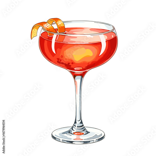 Red cocktail in a coupe glass with an orange peel garnish. Hand drawn vector illustration of an alcoholic beverage isolated on a white background.