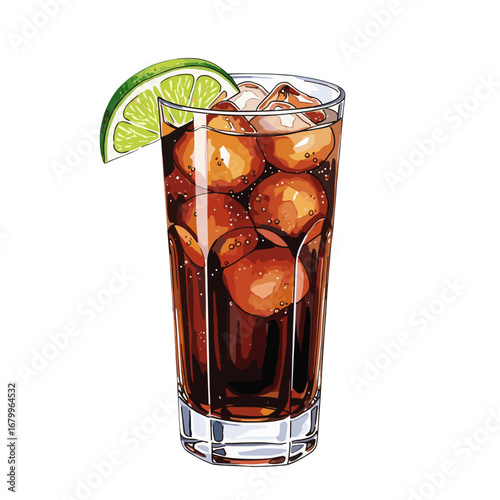 A refreshing glass of cold cola with ice cubes and a lime wedge garnish. A fizzy soda drink illustration isolated on a white background.