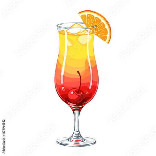 Tequila Sunrise cocktail illustration. Colorful tropical alcoholic drink with orange slice and cherry garnish in a glass, isolated on a white background.