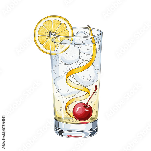 Hand-drawn illustration of a refreshing Tom Collins cocktail with a lemon slice and cherry. Classic alcoholic beverage with ice cubes and bubbles on a white background.
