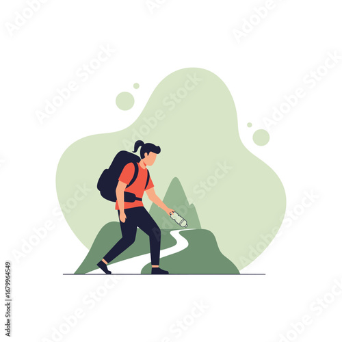 Female hiker with a backpack walking on a mountain trail holding a plastic bottle. Vector illustration of trekking and environmental concept.
