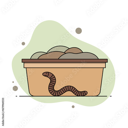 A cute cartoon earthworm in a vermicompost bin filled with soil. Eco-friendly organic farming and recycling concept illustration.