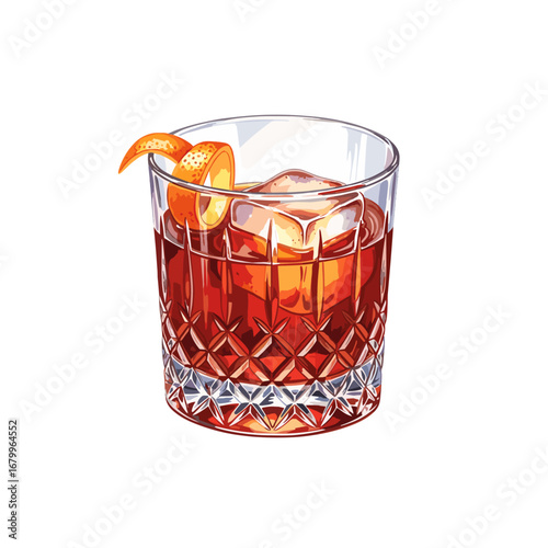 Classic Negroni or Old Fashioned cocktail with an orange peel garnish in a crystal rocks glass. Vector illustration of an alcoholic beverage isolated on a white background.