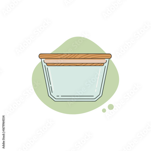 Vector illustration of a reusable glass food storage container with a wooden lid. Eco-friendly kitchenware concept for zero waste living.