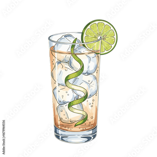 Hand-drawn illustration of a refreshing cocktail with ice, a lime wheel, and a peel twist. A tall glass of a fizzy alcoholic beverage on a white background.