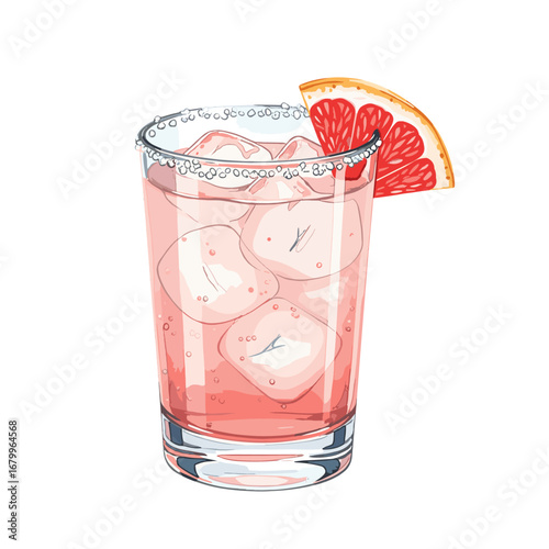 Illustrated pink grapefruit cocktail with a salted rim and ice. Hand-drawn refreshing summer paloma or salty dog drink isolated on a white background.