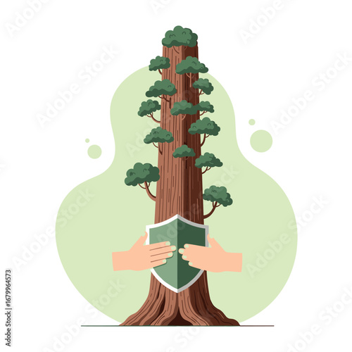 Hands protecting a large tree with a shield. Environmental conservation and nature preservation concept. Vector illustration for ecology and sustainability.