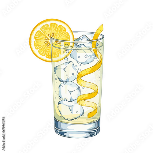 Illustrated lemon cocktail in a tall glass with ice cubes and a citrus twist. Refreshing cold summer beverage, vector drawing isolated on a white background.