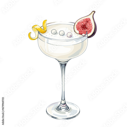 Watercolor illustration of a white cocktail in a coupe glass garnished with a fresh fig and lemon twist. Elegant alcoholic drink isolated on a white background.