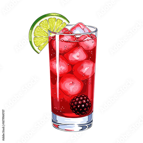 Refreshing red berry cocktail illustration in a tall glass. Iced fruit drink with lime wedge and blackberry garnish, isolated on a white background. Vector art of a summer beverage.