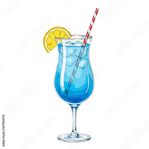 Blue Lagoon cocktail in a hurricane glass with ice, a lemon slice, and a straw. Vector illustration of a tropical summer drink isolated on a white background.