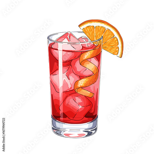 Red cocktail in a highball glass with ice cubes, garnished with an orange slice and peel twist. Vector illustration of a refreshing alcoholic beverage isolated on a white background.