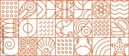 Seafood geometric pattern with fish, shrimp and sea food shapes, vector background. Seafood pattern in geometric line sea or ocean mollusks, starfish, and salmon steak with tuna and caviar mosaic tile