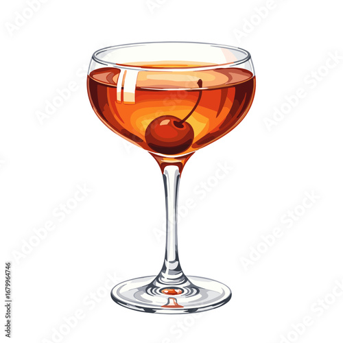 Classic Manhattan cocktail in a coupe glass with a maraschino cherry garnish. Vector illustration of an alcoholic beverage isolated on a white background.