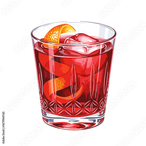 Vector illustration of a classic Negroni cocktail in a rocks glass with ice and an orange peel garnish. Isolated on a white background.