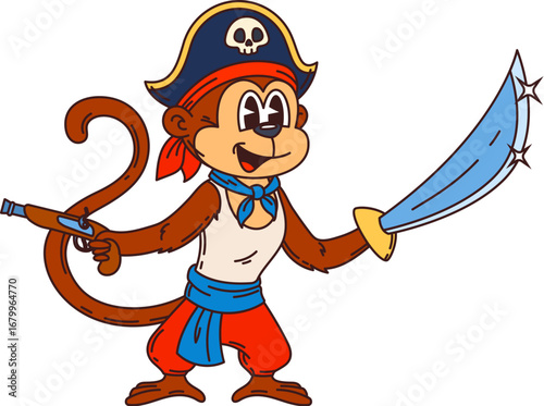 Cartoon funny monkey pirate animal character. Isolated vector mischievous jungle ape corsair personage with swirly tail, tricorn hat, pistol and sword in hand ready for high seas adventures and attack