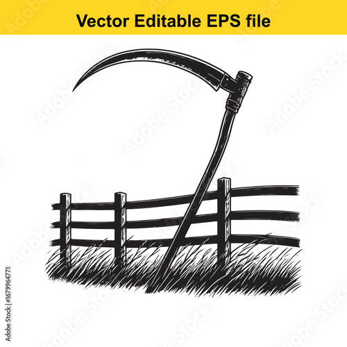 Grim reaper scythe leaning on a wooden fence in grass, isolated on white background