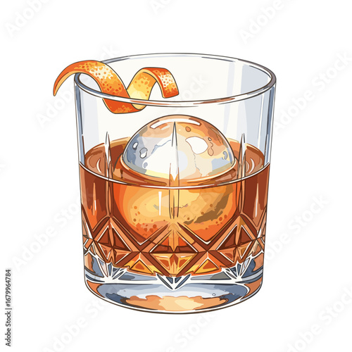 Classic Old Fashioned cocktail in a crystal rocks glass with a large sphere ice ball and an orange twist garnish. Hand-drawn vector illustration isolated on white.