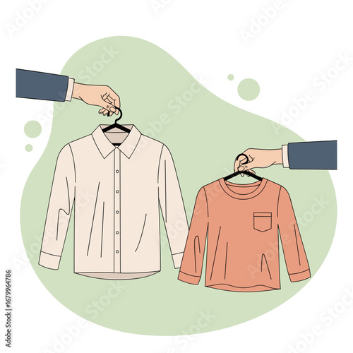 Hands holding two different shirts on hangers for selection. Concept of choosing clothes, shopping, or personal style. Flat vector illustration.