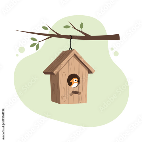 A cute cartoon bird peeking out of a wooden birdhouse hanging from a tree branch. Simple nature vector illustration.