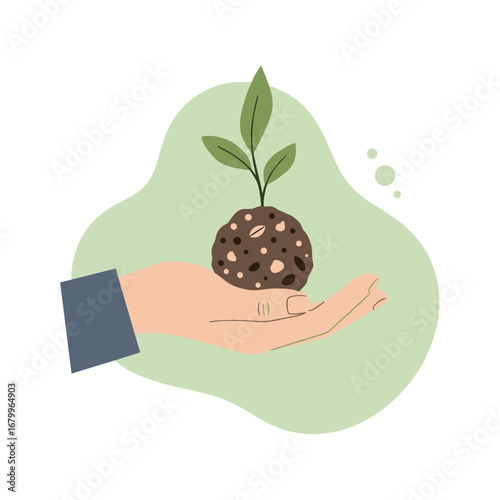 Vector illustration of a hand holding a seedling in a soil ball. Environmental care and new life concept.