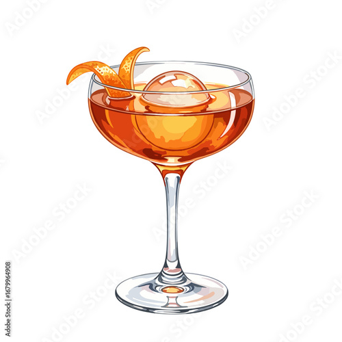 Classic orange cocktail in a coupe glass with a sphere ice cube and orange peel garnish. Vector illustration isolated on a white background.