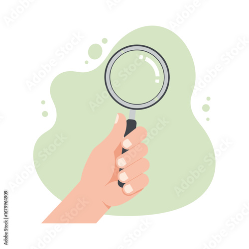 Hand holding a magnifying glass for searching and investigation. Concept of research, analysis, and discovery. Flat vector illustration.