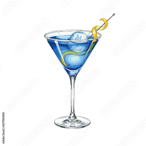 Blue Martini Cocktail with a Lemon Twist Garnish and Monogrammed Ice Cube. Watercolor style illustration of a classic alcoholic drink on a white background.