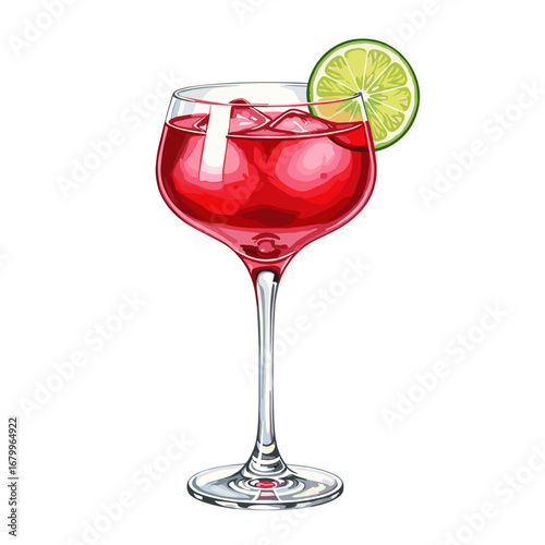 A vibrant red cocktail with ice and a lime garnish in a stemmed glass. An isolated vector illustration of a refreshing alcoholic beverage on a white background.