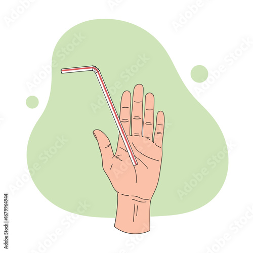 Hand holding a single-use plastic drinking straw. Vector illustration about environmental pollution and waste.