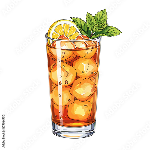 A refreshing glass of iced tea with ice cubes, a lemon slice, and a mint garnish. Cold summer beverage vector illustration isolated on a white background.