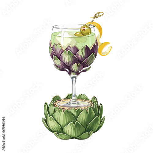 Creative artichoke cocktail concept illustration. Surreal alcoholic beverage in a unique glass with olive and lemon garnish, isolated on a white background.