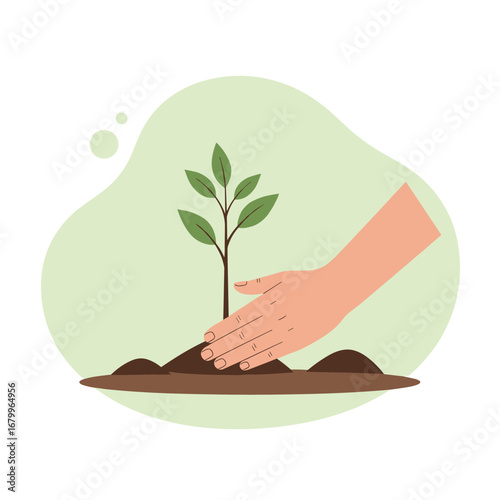 A human hand planting a small tree sapling in the soil. Flat vector illustration for concepts of growth, nature, environment, and sustainability.