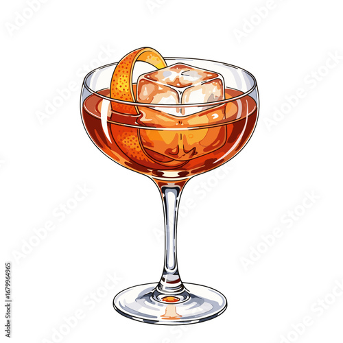 Classic amber cocktail illustration with a large ice cube and orange peel garnish. Isolated vector drawing of an alcoholic beverage on a white background.