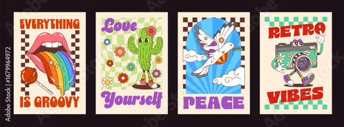 Cartoon groovy characters posters with retro typography, rainbow tongue, dancing cactus, peace dove and flower covered camera. Vector cards evoke 70s hippie vibes of love, peace and self expression