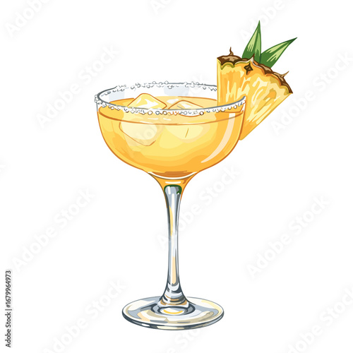 Pineapple margarita cocktail illustration. Tropical yellow drink in a coupe glass with a salt rim and ice cubes. Hand drawn watercolor style vector isolated on a white background.