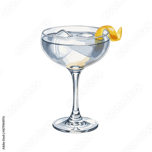 Classic cocktail with a lemon twist garnish in a coupe glass. Hand-drawn illustration of an alcoholic beverage on the rocks, isolated on a white background.