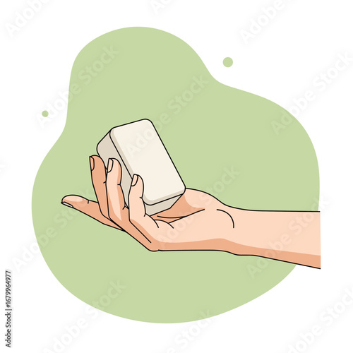 Close-up illustration of a hand holding a white bar of soap against a green background. Concept of hygiene, washing, and cleanliness.