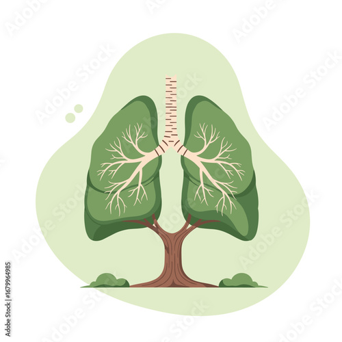 Conceptual illustration of a tree shaped like human lungs, symbolizing clean air, respiratory health, and the connection between nature and humanity.
