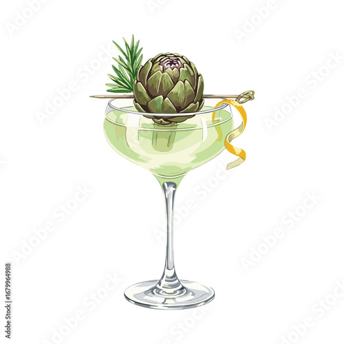 Artichoke and rosemary cocktail in a coupe glass with a lemon twist garnish. Vector illustration of a green alcoholic beverage isolated on a white background.