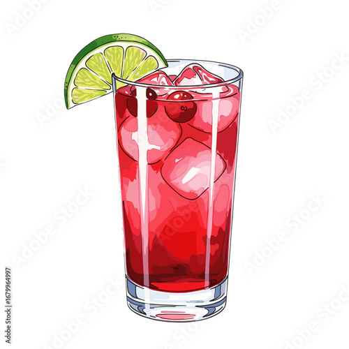 A refreshing red cocktail with cranberry and lime garnish in a tall glass. Vector illustration of a cold summer drink isolated on a white background.
