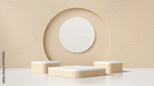 Beige podium stage pedestals for cosmetic product display or showcase, vector background. Premium luxury beige podium stage with square platforms with rounded edges and circle wall panel for display